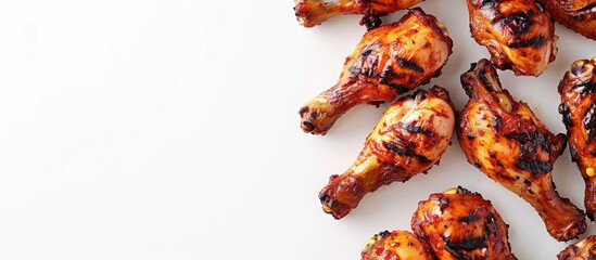 Wall Mural - Top-down view of spicy grilled chicken legs against a blank background.