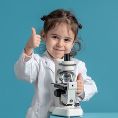 cute girl scientist in lab coat looking at microscope and giving thumbs up on blue background