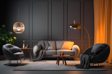 Interior of living room with cozy grey sofa, armchair and glowing lamps