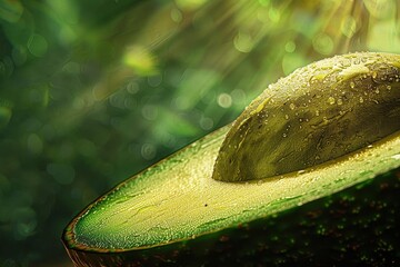 Craft a digital image of a sliced avocado, revealing the inner seed and luscious green meat, with a focus on light and shadow for a dramatic effect,