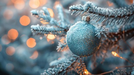 Sticker - Frosty Christmas: Ornament Hanging on Icy Fir Branches with Frozen Table