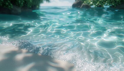 Pristine Tropical Lagoon, Crystal clear water lapping gently against a powdery white beach, creating a tranquil scene of paradise