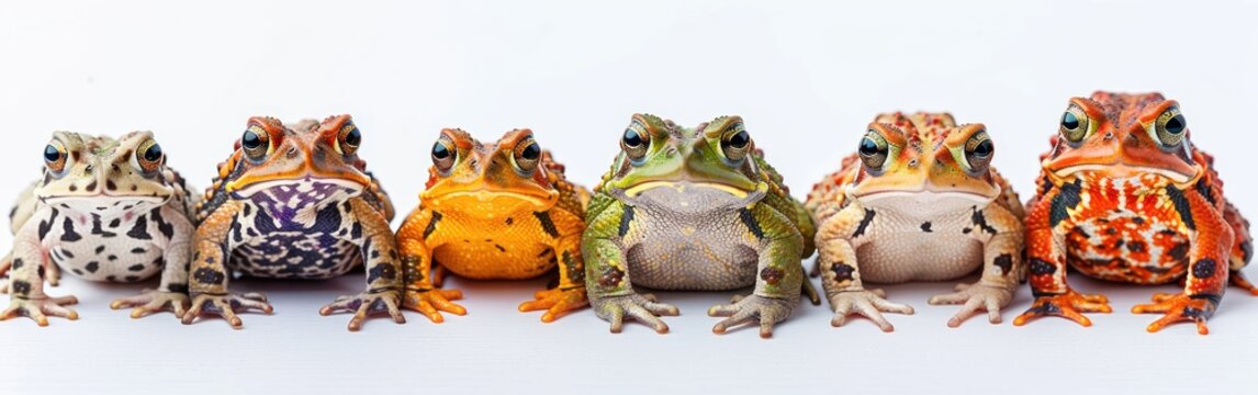 Funny Reptiles & Amphibians: A Long Banner Collection of Jumping, Running, and Sitting Toads Isolated on White Background