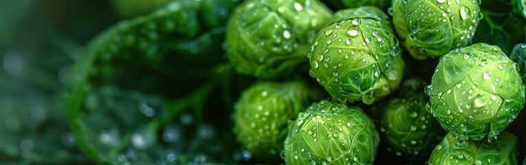 Wall Mural - Freshly Harvested Greens: Closeup of Ripe Brussels Sprouts and Asparagus with Waterdrops - Agriculture Food Photography Background