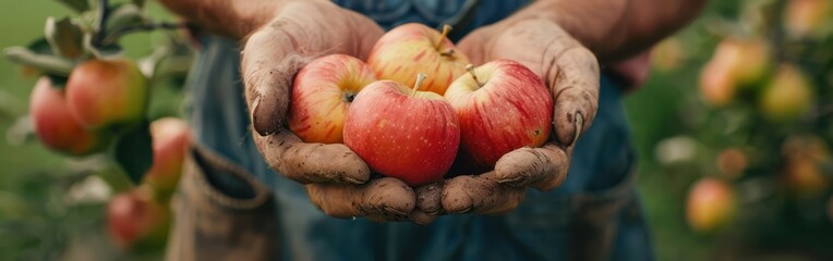Wall Mural - Ripe Apple Harvest: Close-Up of Farmer's Hands Carrying Fresh Fruits for Agriculture Background