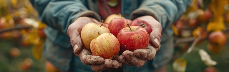 Ripe Apple Harvest: Close-Up of Farmer's Hands Carrying Fresh Fruits for Agriculture Background