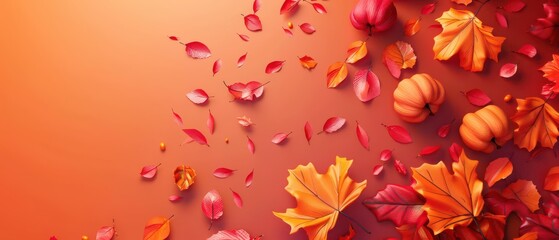 Wall Mural - 3D autumn elements on matte background, orange and red hues, copy space,