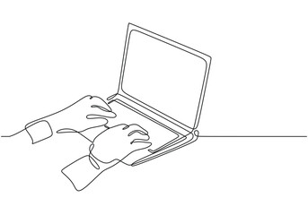 Hands typing on laptop computer continuous line drawing. Working and learning online concept vector.