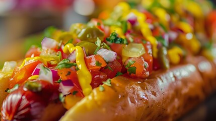 Wall Mural - A close-up shot of a gourmet hot dog loaded with colorful toppings like onions, mustard, and relish.