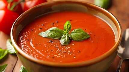 Wall Mural - A bowl of creamy tomato soup garnished with fresh basil leaves.