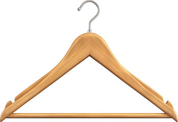 Wooden suit hanger with chrome hook and bar for closet storage isolated on transparent background.