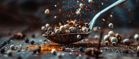 Illustrate a close-up low-angle shot of aromatic whole spices sprinkling from a vintage silver spoon against a rustic wooden table, emphasizing texture and contrast,