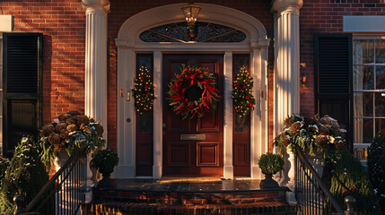 Wall Mural - A classic red brick facade adorned with a cheerful wreath on the front door, welcoming all who pass by.
