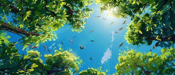 Illustrate a magical forest canopy from a worms-eye perspective, with sunlight filtering through lush green leaves and colorful birds soaring above in the clear blue sky,