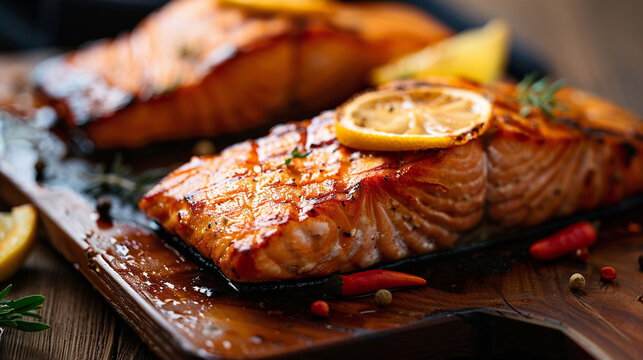 delicious looking fresh grilled salmon fillet, food photography