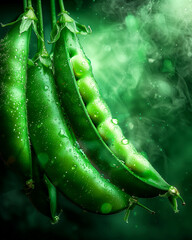 Wall Mural - Three green peas are hanging from a stem. The image has a bright, lively feel to it, with the green color of the peas and the steam rising from the background