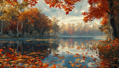 features a lake surrounded by vibrant autumn foliage