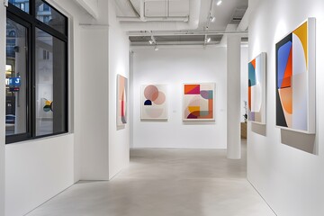 A chic art gallery with minimalist white walls and subtle lighting, showcasing a collection of geometric abstract paintings that add a modern touch to the space.