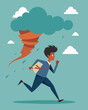 © Justlight - The frantic race to keep up with the demands of work school and family resembling a person trying to outrun a stress tornado.. Vector illustration