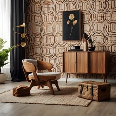 Stylish living room interior composition with creative design vintage chair, wooden cube and elegant personal accessories. Wallpaper. Copy space. Template Generative AI 