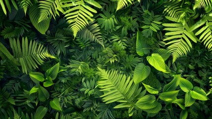 Vibrant leafy green fern background featuring lush foliage and natural patterns in a forest setting