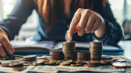 Wall Mural - A woman is putting coins into a pile