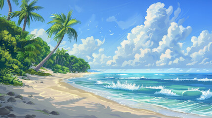 Wall Mural - A beautiful beach scene with palm trees and a blue ocean