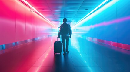 Wall Mural - traveler with smart luggage, modern airport, sleek design, space for text on left, futuristic, neon 