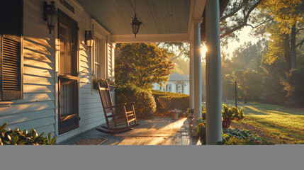 Wall Mural - Sunlight casting long shadows on the porch of a colonial-style home, inviting you to sit and relax.