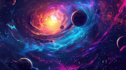 fluorescent galaxy with swirling stars and planets, electric colors, dynamic patterns, space, illust