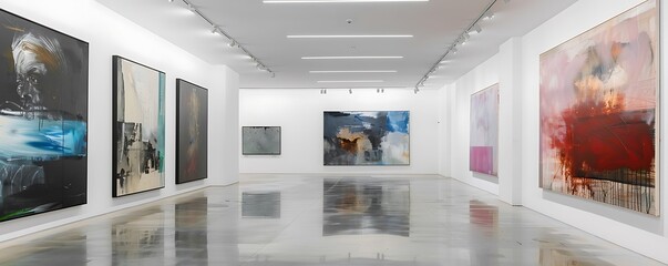 Wall Mural - A contemporary art gallery featuring a series of large, expressive paintings on white walls, with a polished concrete floor adding to the minimalist vibe.