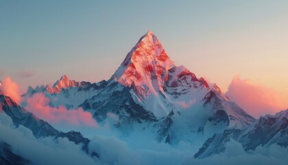 Snow-capped mountain peaks glowing in the soft light of sunrise with a clear sky in the background