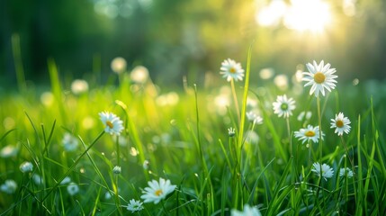 Wall Mural - Vibrant spring meadow with fresh green grass and blooming daisy wildflowers creating a serene nature abstract background