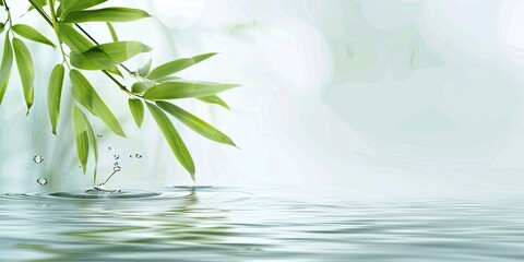 elegant background banner with green bamboo leaf on white clear water wave 