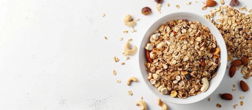 Revitalize your mornings with a nourishing muesli bowl made from organic ingredients - granola, nuts, dried fruits, oatmeal, and whole grain flakes laid out on a crisp white backdrop.