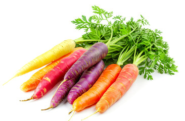 Poster - Tasty carrot with leaves and water drops on white background. Rainbow vegetable. Harvest concept
