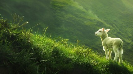 Wall Mural - White lamb gazes on lush green hillside