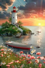 Wall Mural - A white and red lighthouse on a green island with a rowing boat