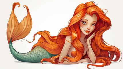 Wall Mural - A cartoon mermaid with long flowing hair on a transparent background 