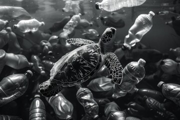 Canvas Print - A turtle swimming in a sea of plastic bottles