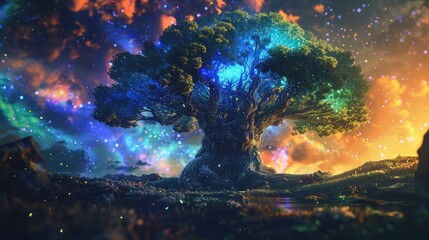 Wall Mural - a tree with a blue trunk and leaves is surrounded by a field of grass