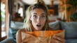 © sakareeya - A woman opening a subscription box with a look of sheer surprise, discovering unique items inside that she wasnâ€™t expecting