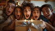 © sakareeya - A group of friends gathered around, all showing surprised expressions as they open a mystery box together, highlighting communal excitement