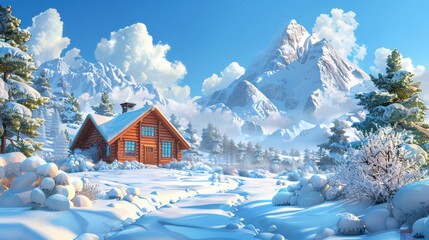 Wall Mural - A cozy mountain cabin in winter season, colorful cartoon style illustrations. 