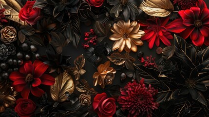 A black and gold flower arrangement with red flowers
