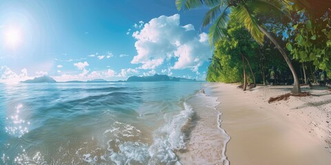 Wall Mural - a beautiful beach with a clear blue ocean and palm trees