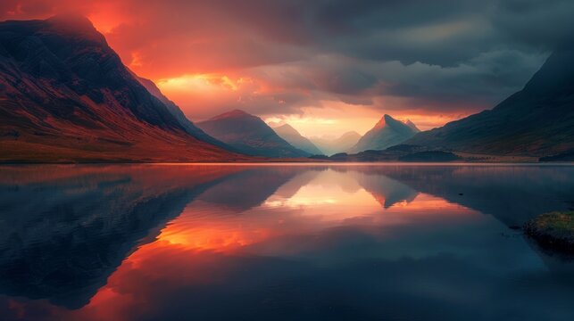 majestic mountain lake reflecting the fiery colors of a sunset, with a rugged road traversing the mountains in the distance.,