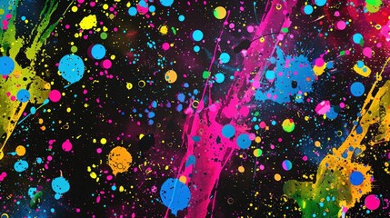Wall Mural - abstract splash pattern bright neon rainbow colors on black background. generative ai image