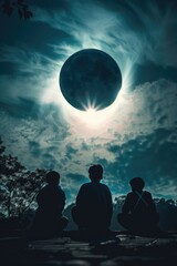 Wall Mural - Three people are sitting on a ledge looking up at the moon