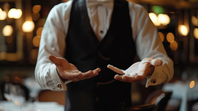 a waiter doing a quote sign with his hands
